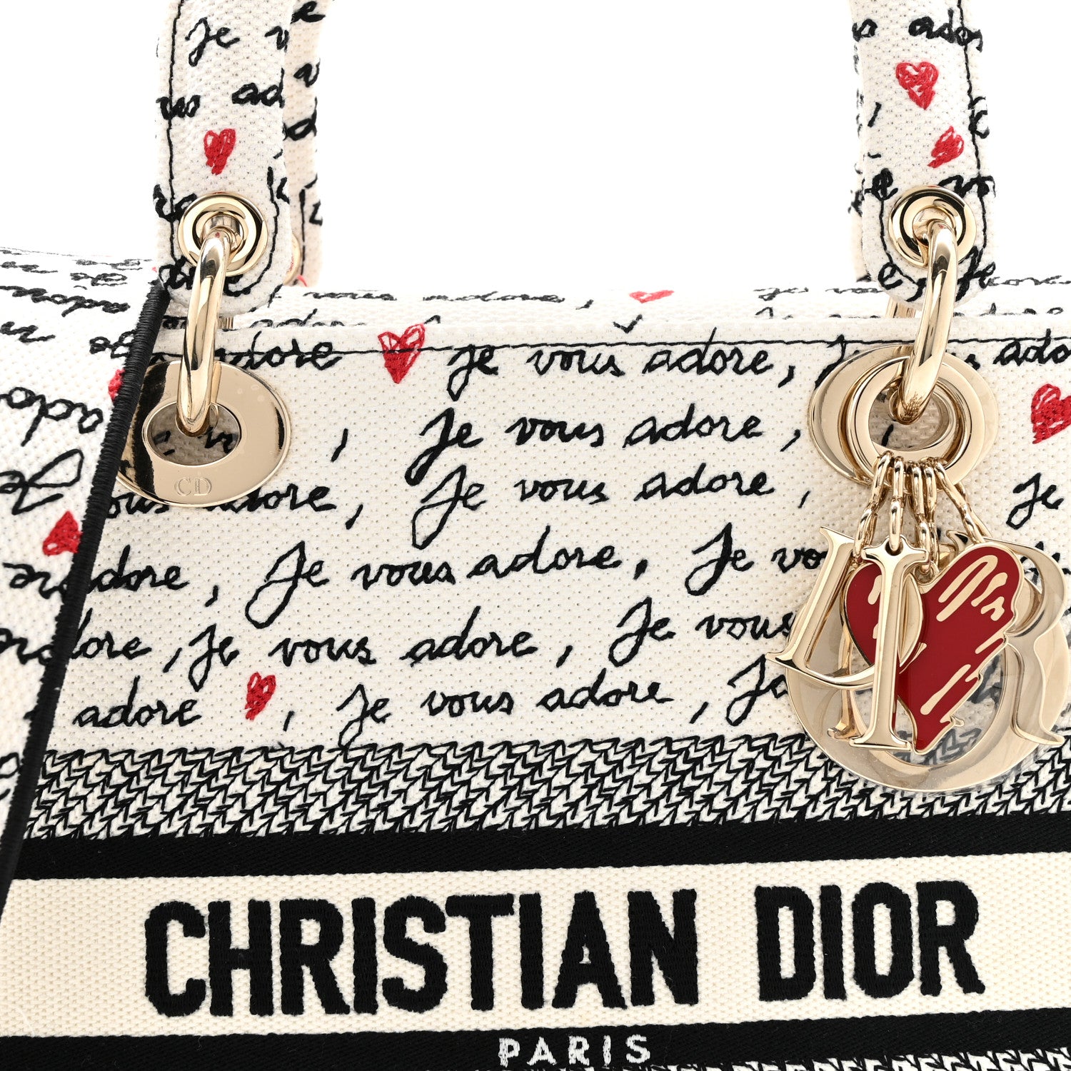 Christian Dior Canvas Embroidered Dioramour Je Vous Adore Medium Lady D-Lite  White Black Red 8 of 13