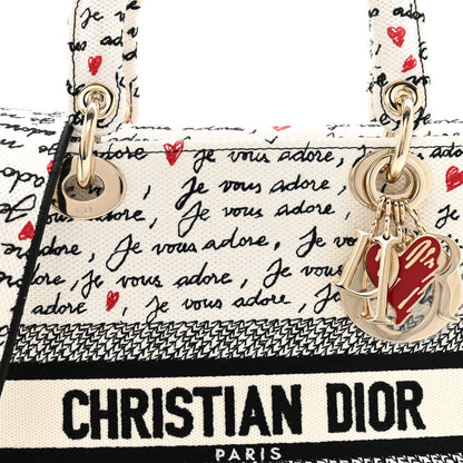 Christian Dior Canvas Embroidered Dioramour Je Vous Adore Medium Lady D-Lite  White Black Red 8 of 13