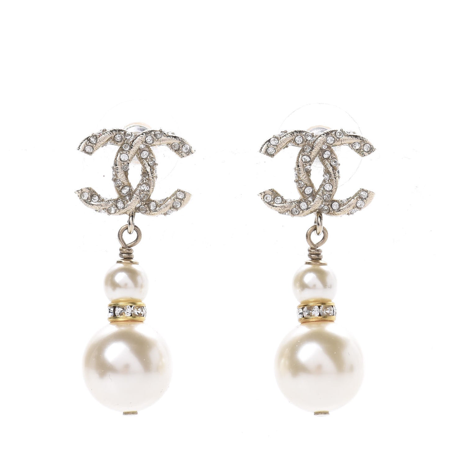 Pearl Crystal Twisted CC Drop Earrings Gold