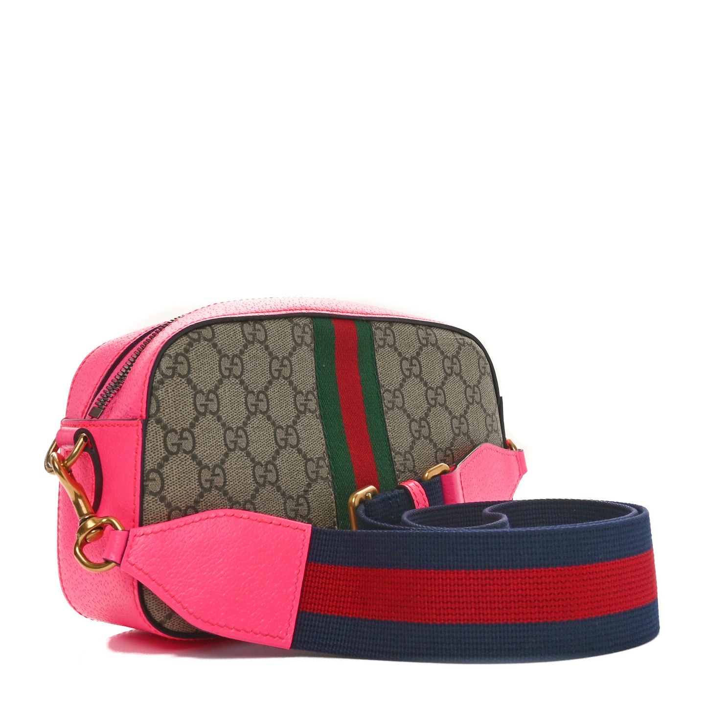 GG Supreme Monogram Textured Dollar Calfskin Web Ophidia Small Crossbody Bag Beige Ebony Fuchsia