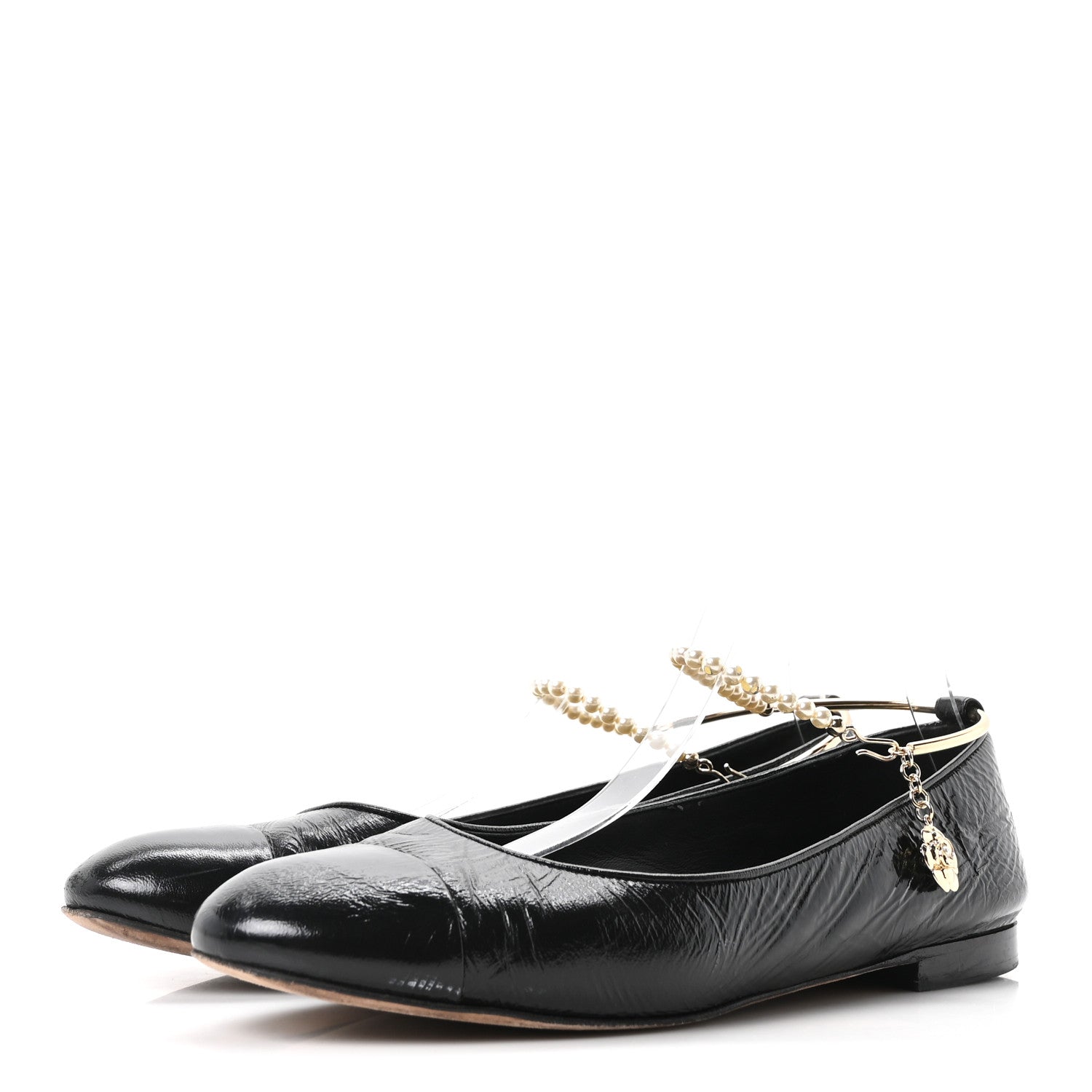 Chanel Shiny Lambskin Pearl Cap Toe Ankle Chain Ballerina Flats 41 Black 4 of 9