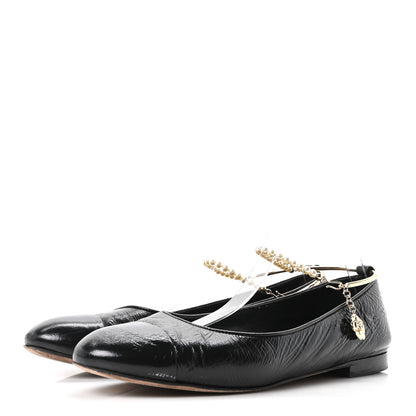 Chanel Shiny Lambskin Pearl Cap Toe Ankle Chain Ballerina Flats 41 Black 4 of 9