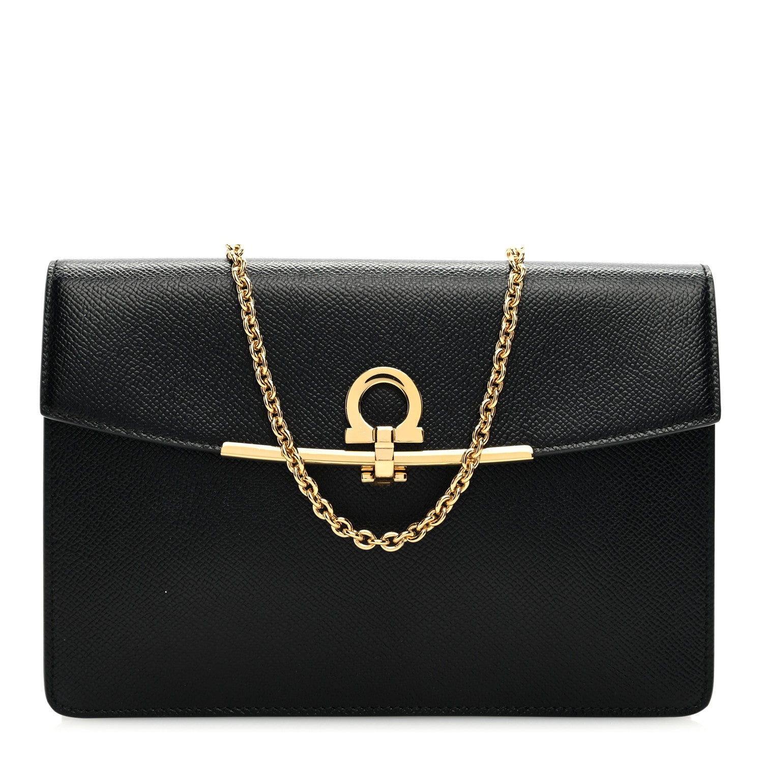 Salvatore Ferragamo Pebbled Calfskin Gancio Wallet On Chain Black 1 of 9