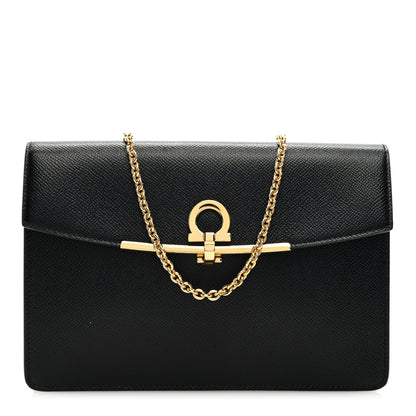 Salvatore Ferragamo Pebbled Calfskin Gancio Wallet On Chain Black 1 of 9