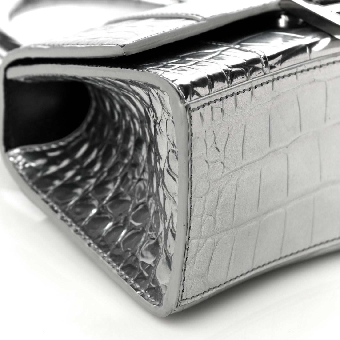 Metallic Calfskin Crocodile Embossed Hourglass Top Handle Bag XS Silver