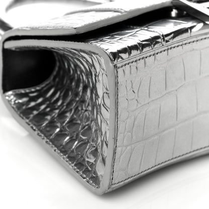 Balenciaga Metallic Calfskin Crocodile Embossed Hourglass Top Handle Bag XS Silver 8 of 9