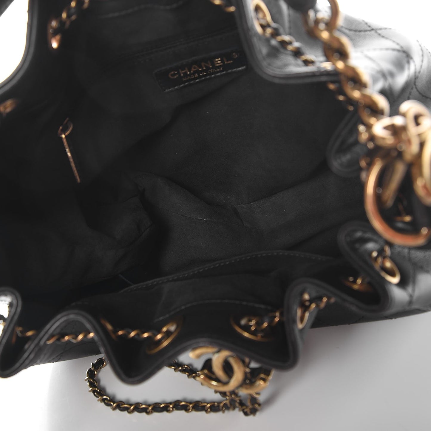 Calfskin Stitched Medium Drawstring CC Bag Black