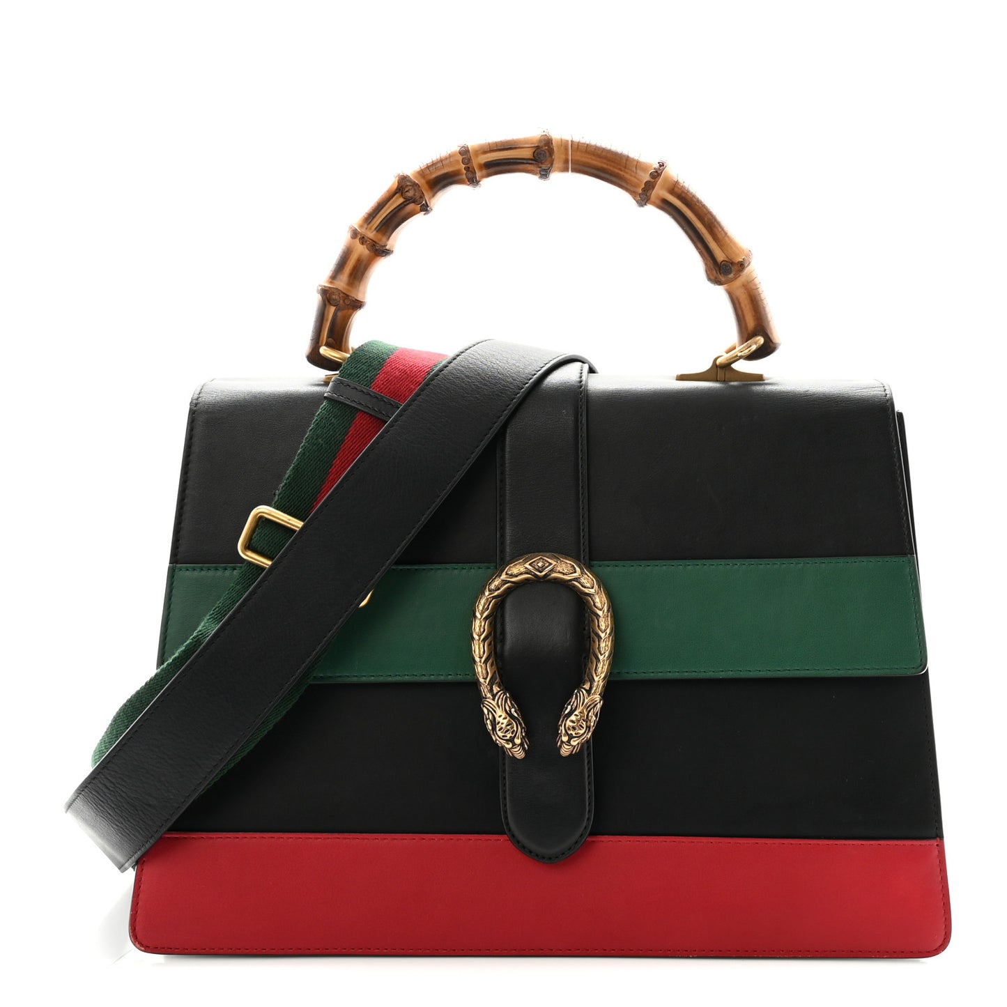 Calfskin Bamboo Web Large Dionysus Top Handle Bag Black Bright Evergreen Hibiscus Red