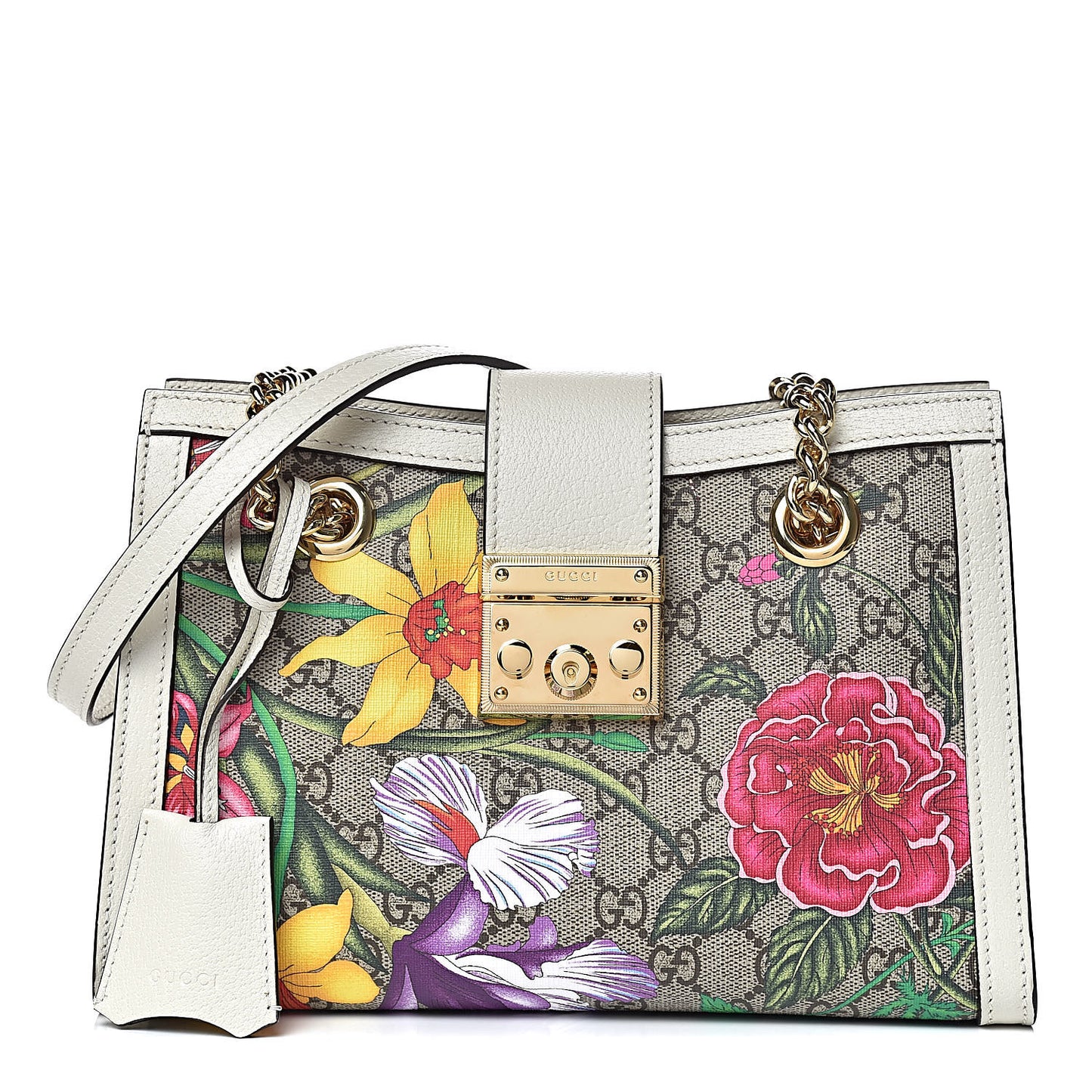 GG Supreme Monogram Flora Textured Calfskin Small Padlock Tote Beige Ebony Multicolor Mystic White