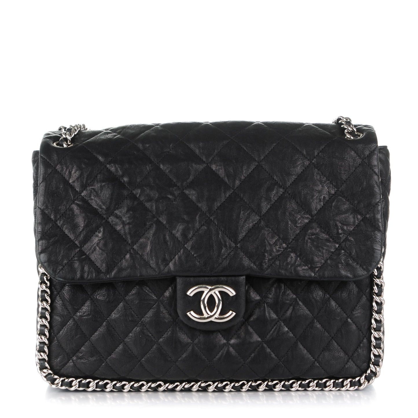 Washed Lambskin Quilted Maxi Chain Around Flap Black