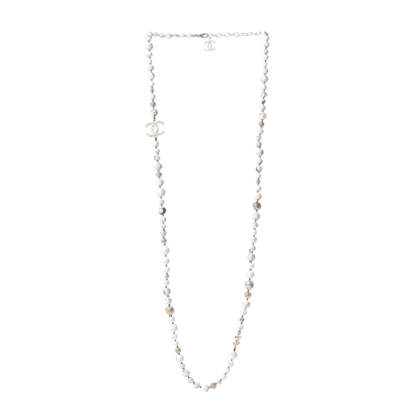 Marble Beaded CC Long Necklace Gold White
