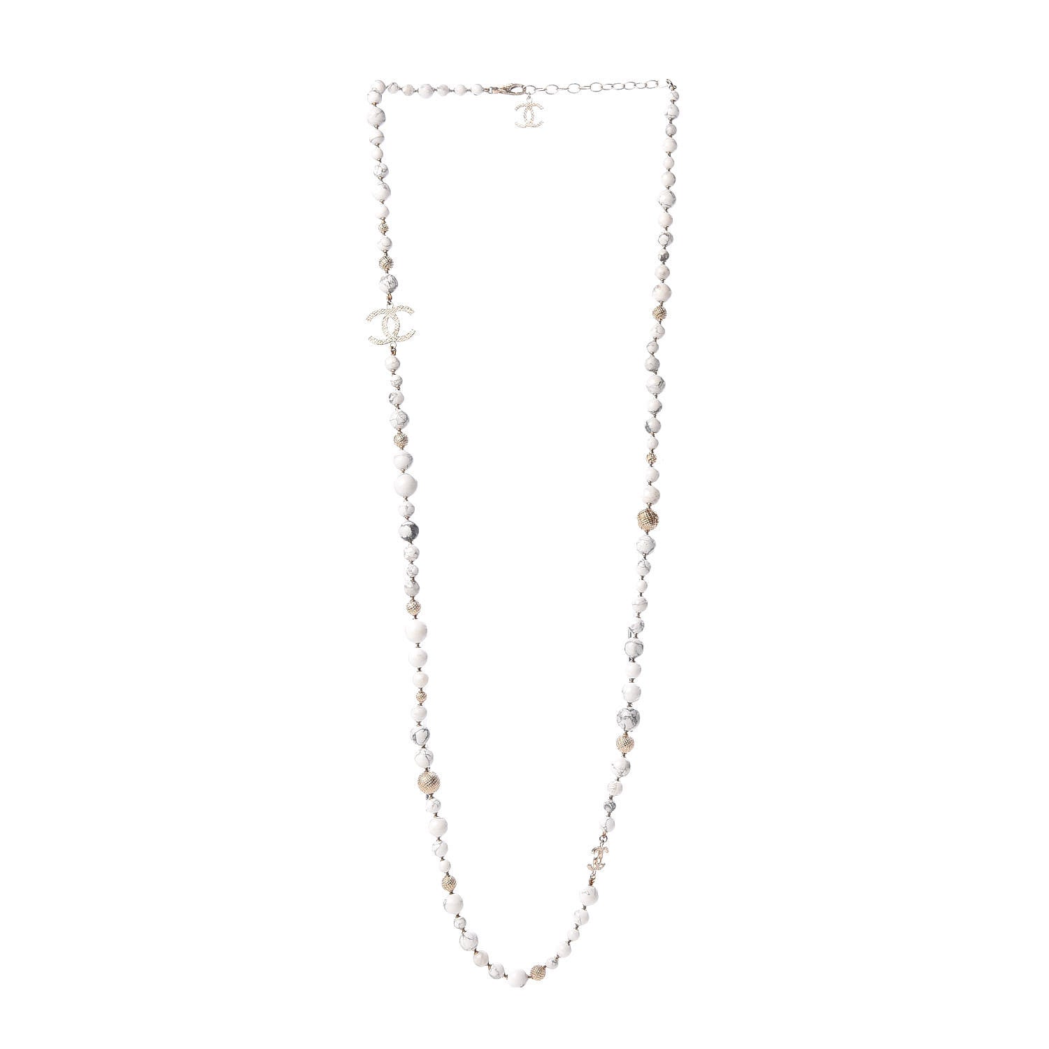 Chanel Marble Beaded CC Long Necklace Gold White 3 of 5