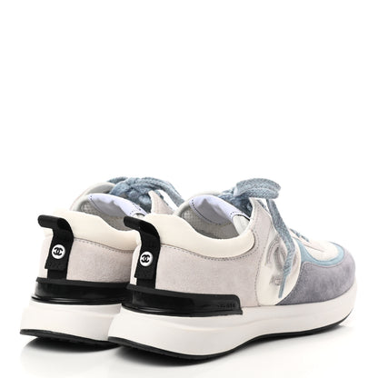 Chanel Nylon Calfskin Suede Womens CC Sneakers 36.5 White Grey Blue 4 of 8