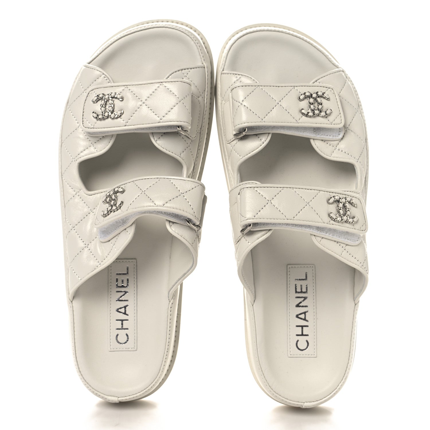 Chanel Lambskin Quilted Velcro Dad Chain CC Slide Sandals 39 White 2 of 9