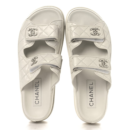 Chanel Lambskin Quilted Velcro Dad Chain CC Slide Sandals 39 White 2 of 9