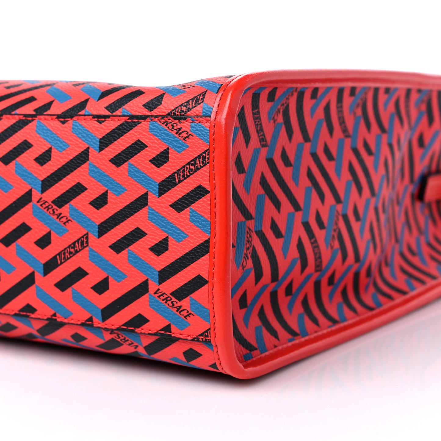 Coated Canvas Calfskin La Greca Signature Tote Bag Blue Red