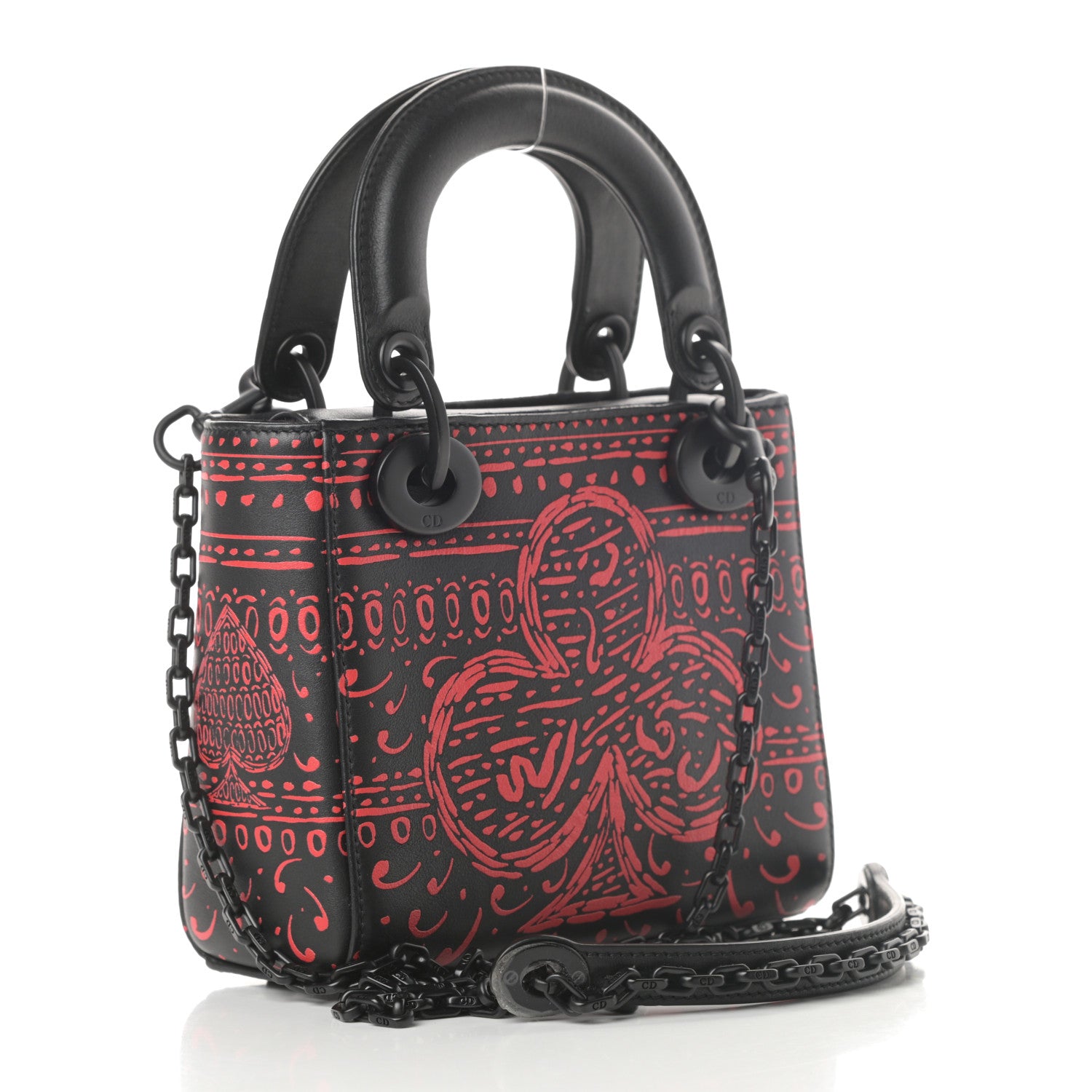 Christian Dior Smooth Calfskin Painted Mini Heart Clover Lady Dior Black Red 3 of 16