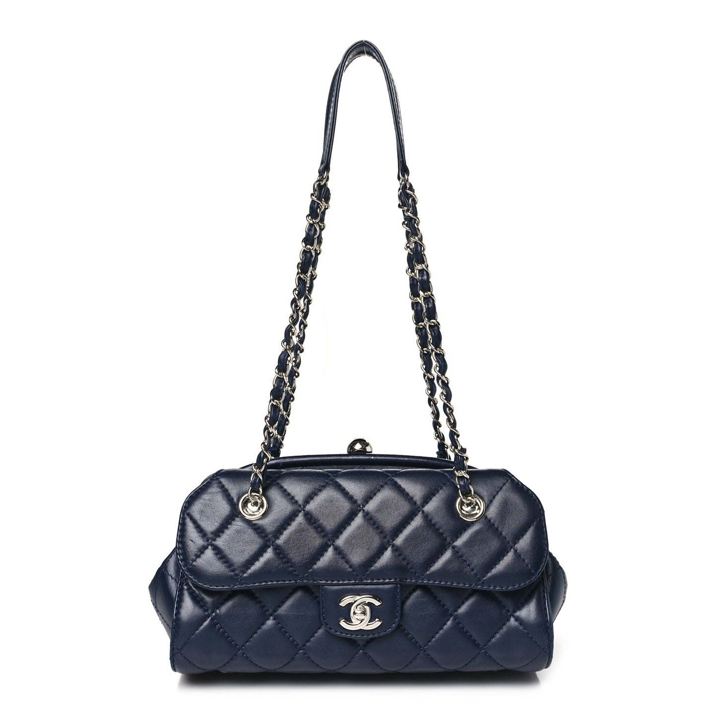 Calfskin Quilted Kisslock Frame Chain Bag Navy