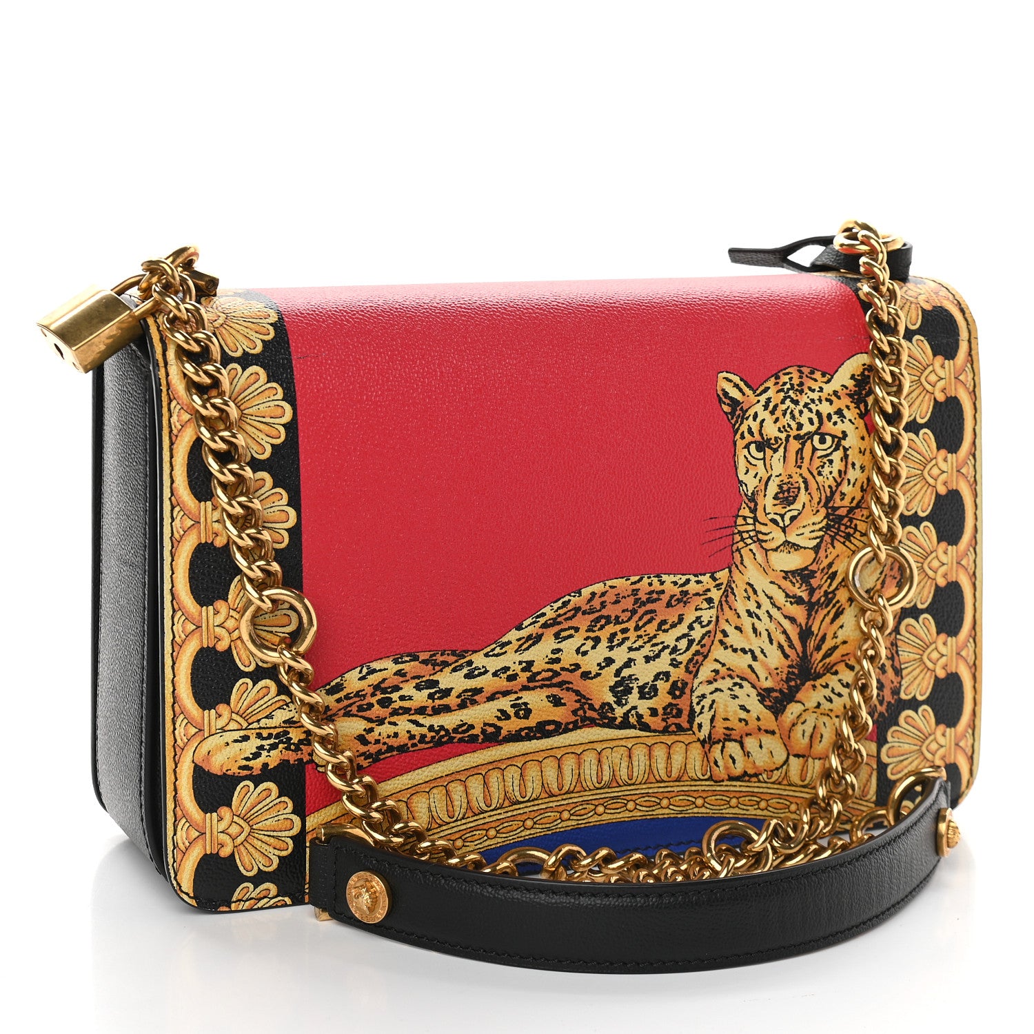 Versace Calfskin Leopard Baroque Print Medium Icon Chain Bag Black Multicolor 2 of 8