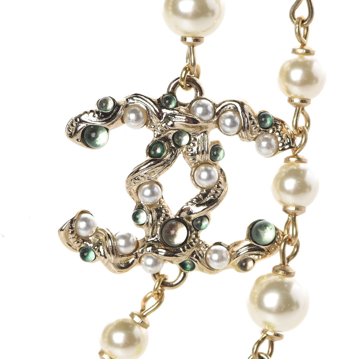 Chanel Pearl Bead CC Long Necklace Blue Green Gold 5 of 6
