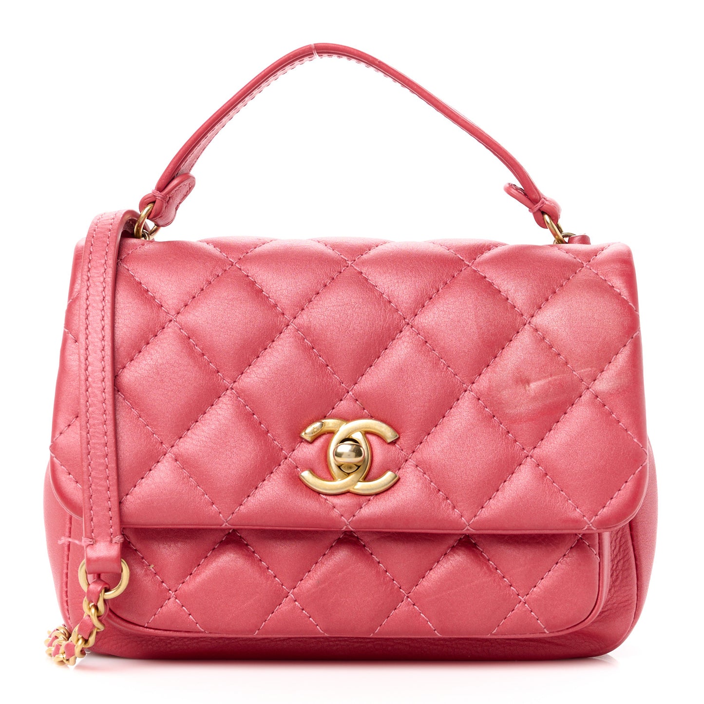 Metallic Calfskin Quilted Top Handle Flap Dark Pink
