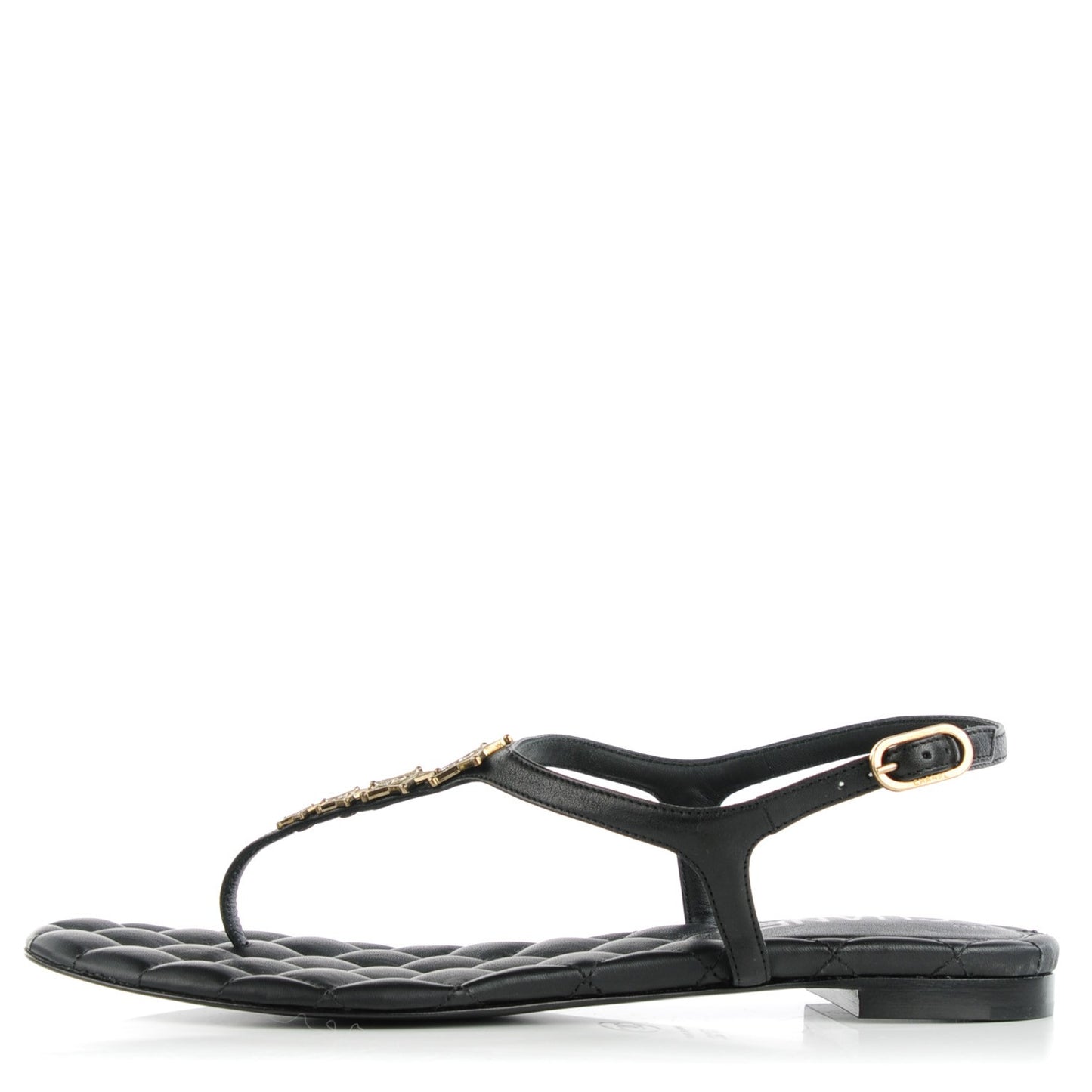 Calfskin Paris Dallas Quilted Star CC Thong Sandals Black 37.5