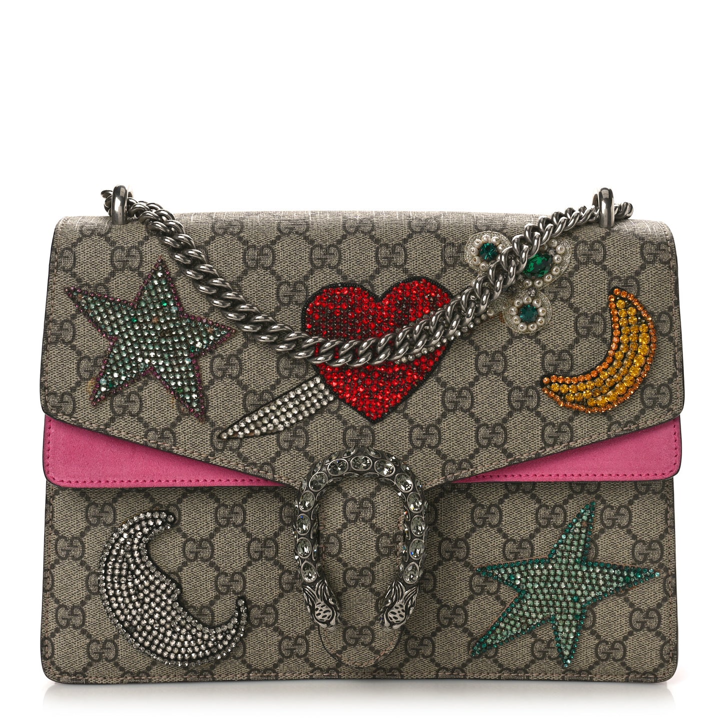 GG Supreme Monogram Suede Pierced Heart Embroidered Medium Dionysus Shoulder Bag Beige Ebony Pink Tropical Flower