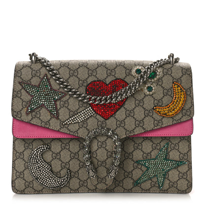 Gucci GG Supreme Monogram Suede Pierced Heart Embroidered Medium Dionysus Shoulder Bag Beige Ebony Pink Tropical Flower 1 of 14