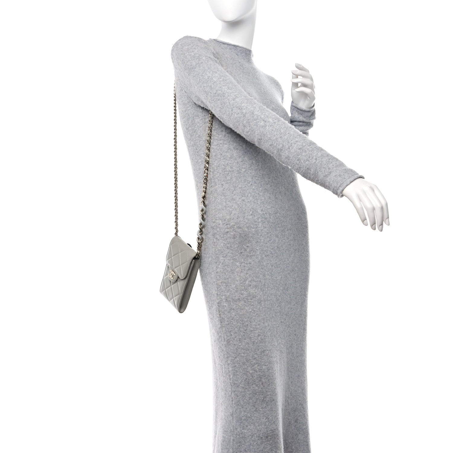 Chanel Lambskin Quilted Lacquered Chain Phone Holder With Chain Grey 2 of 11
