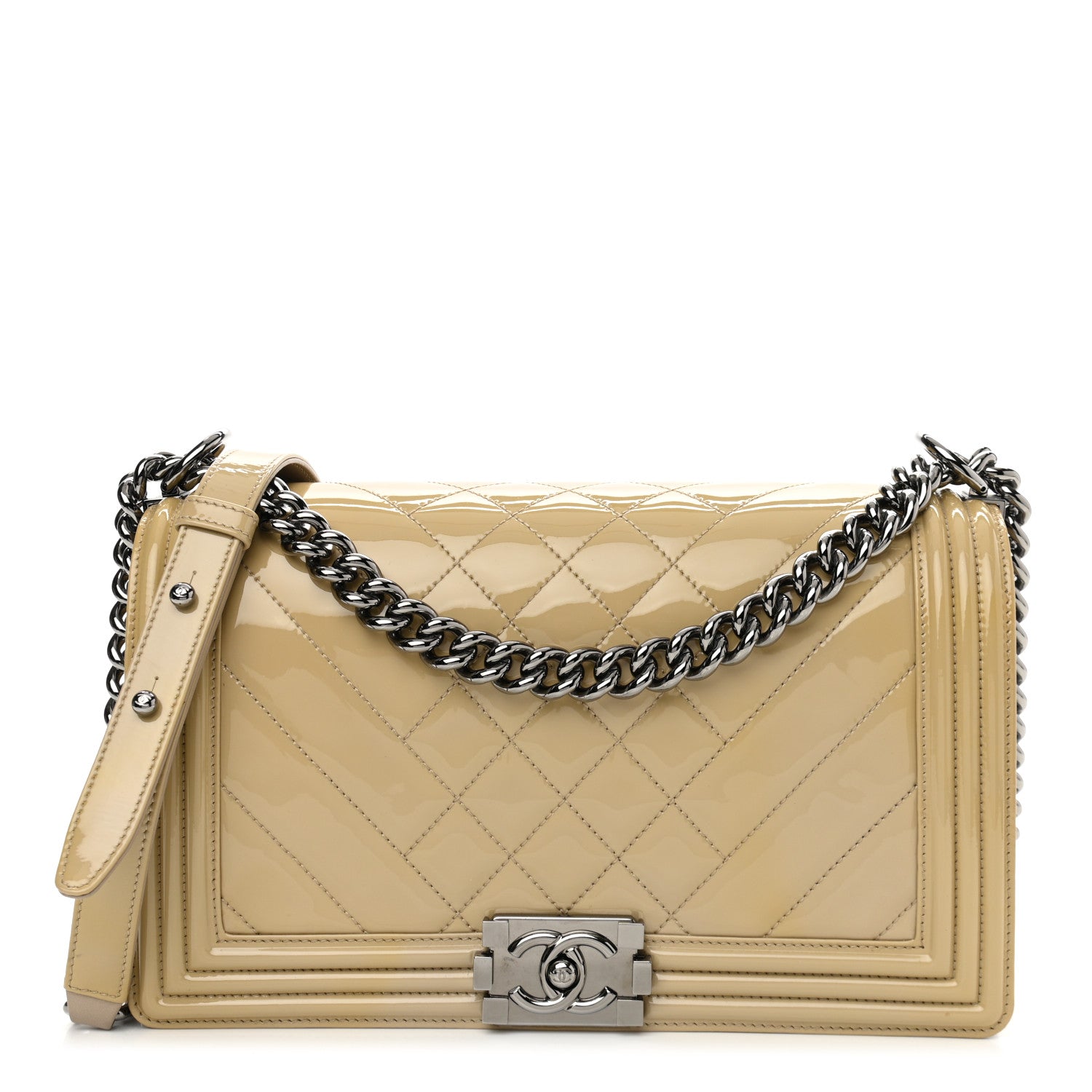 Chanel Patent Chevron Quilted New Medium Boy Flap Light Beige 1 of 10