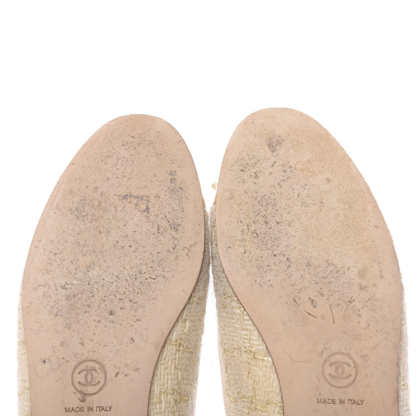 Tweed Metallic Lambskin CC Cap Toe Ballerina Flats 36 Beige Gold