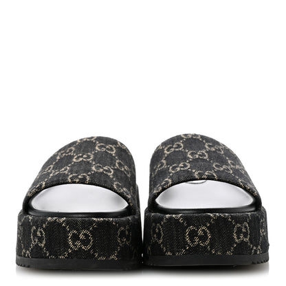Gucci Jacquard Black Denim GG Monogram Angelina Platform 55mm Slide Sandals 38.5 Black Ivory 3 of 12