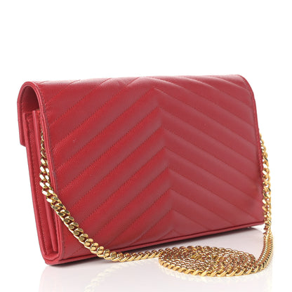 Saint Laurent Grain De Poudre Matelasse Chevron Monogram Chain Wallet Red 3 of 10