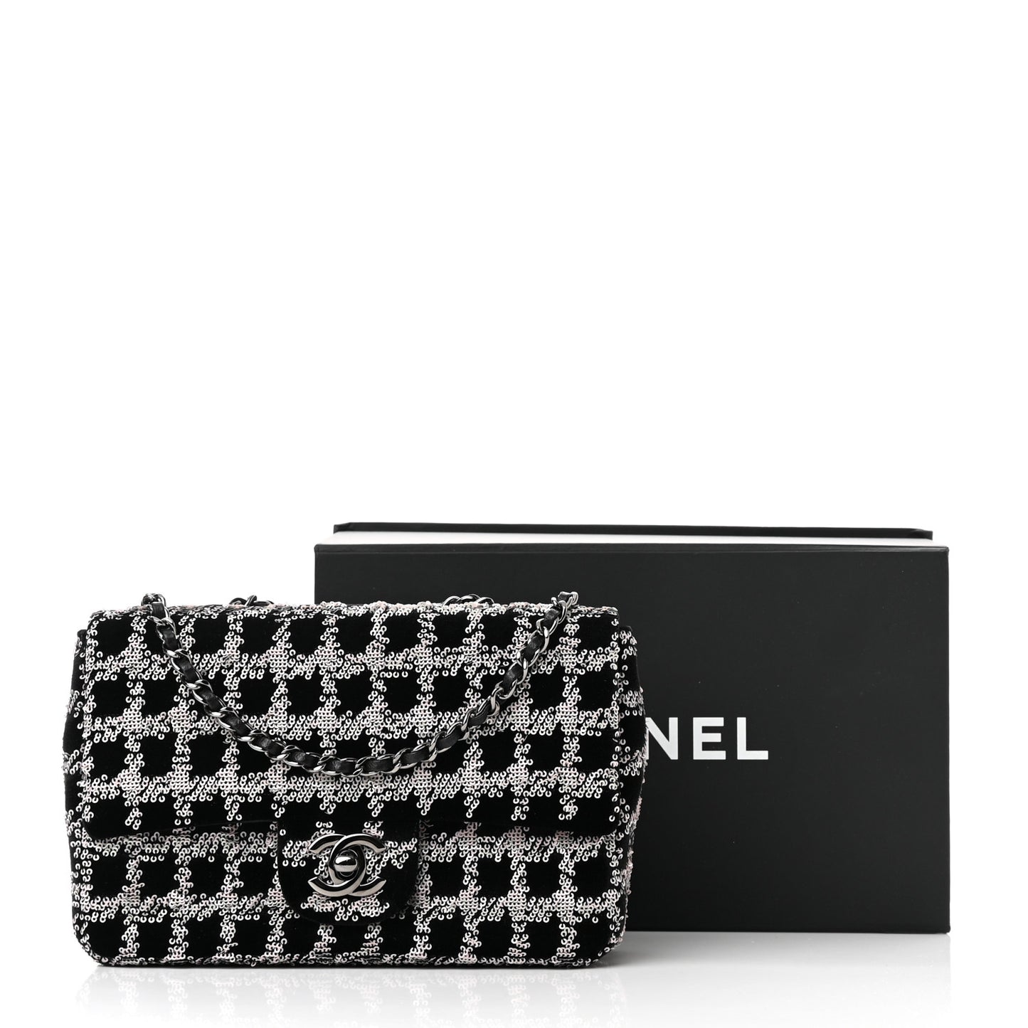 Velvet Sequin Mini Houndstooth Rectangular Flap Black Pink