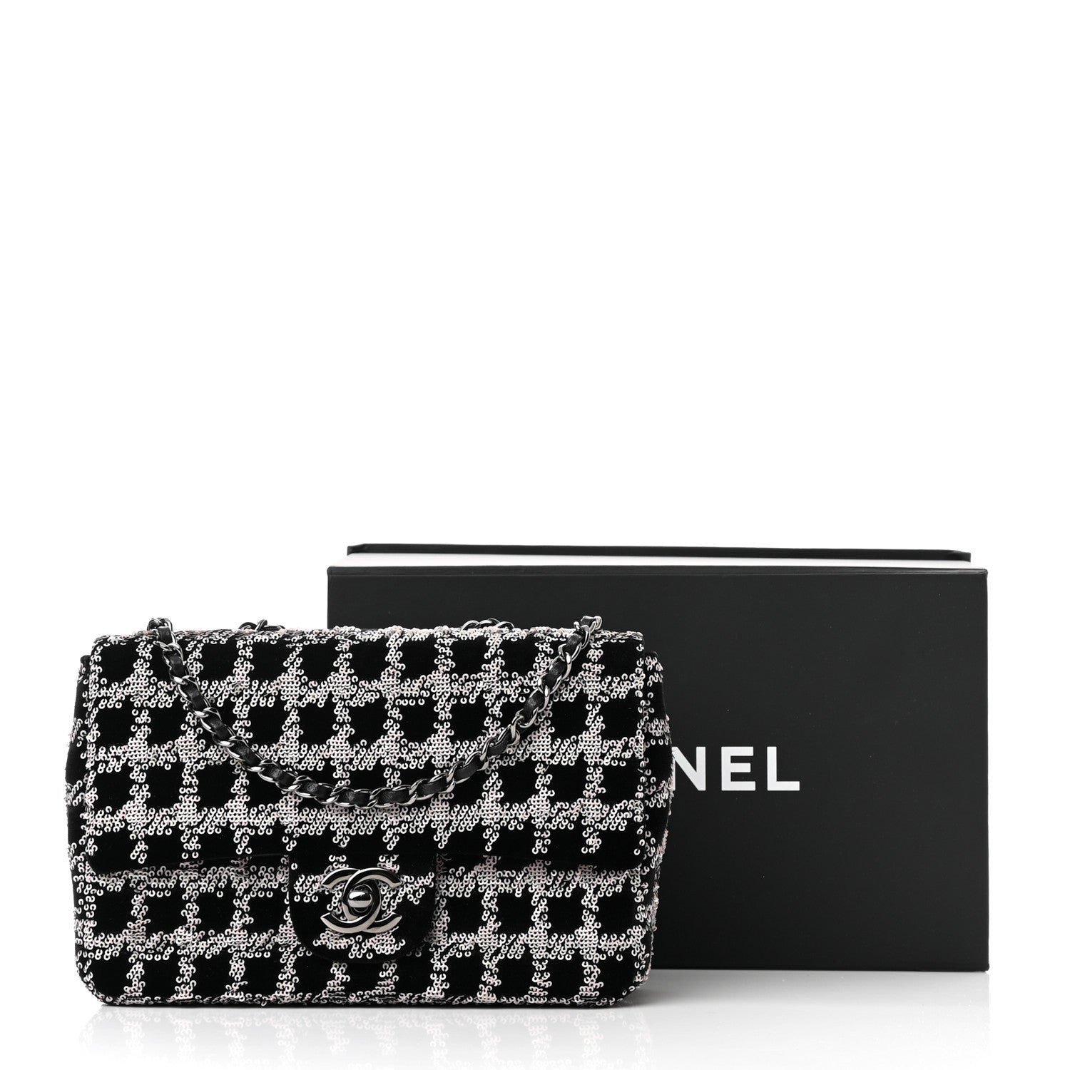 Chanel Velvet Sequin Mini Houndstooth Rectangular Flap Black Pink 10 of 10