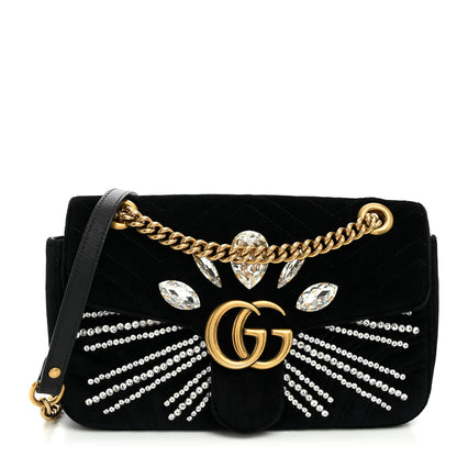 Gucci Velvet Matelasse Marquise Crystals Embroidered Small GG Marmont Shoulder Bag Black 1 of 9