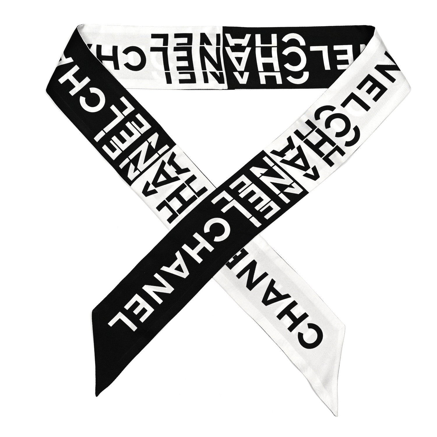 Chanel Silk Logo Slim Bandeau Scarf Black White 1 of 5