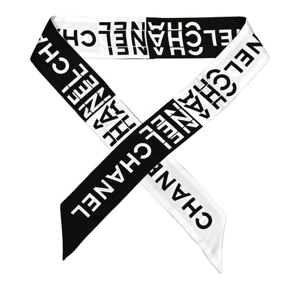 Chanel Silk Logo Slim Bandeau Scarf Black White 1 of 5