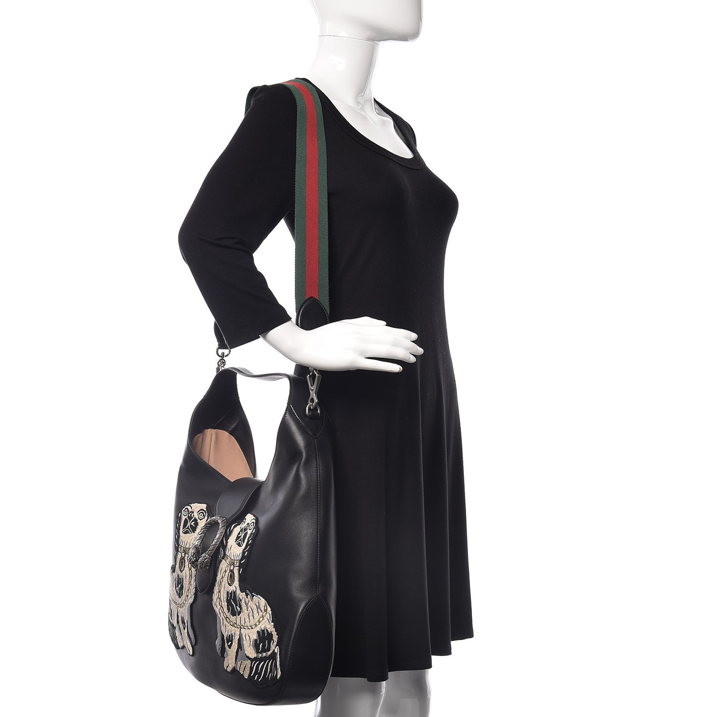Calfskin Web Dog Embroidered Large Dionysus Hobo Black