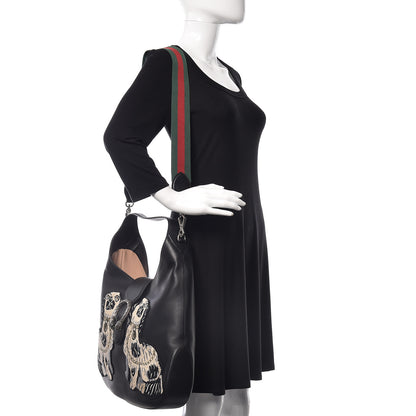 Gucci Calfskin Web Dog Embroidered Large Dionysus Hobo Black 2 of 9