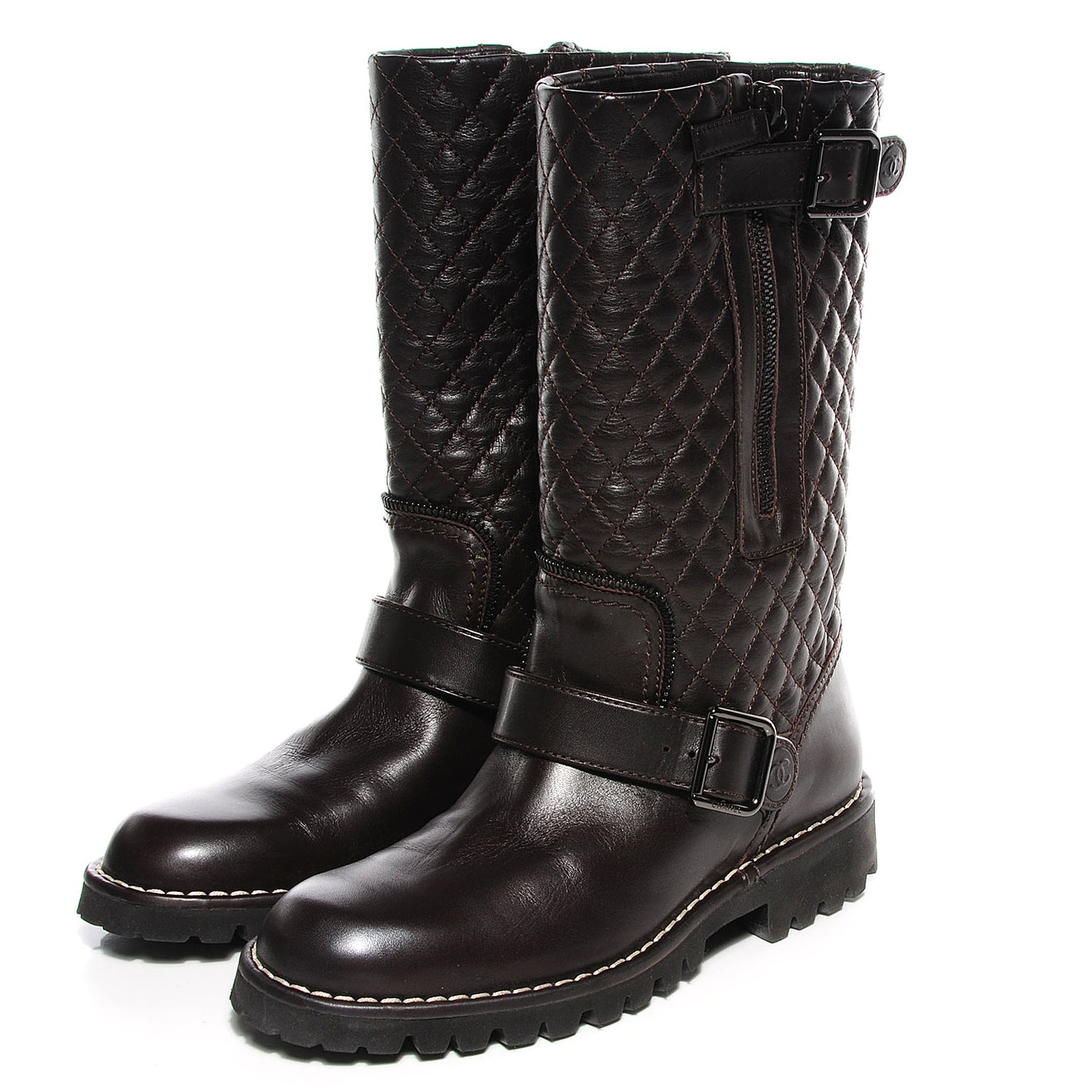 Calfskin Quilted Biker Boots 36 Marron Fonce
