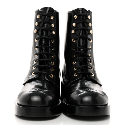 Chanel Shiny Goatskin Cap Toe Combat Boots 39 Black Dark Grey 2 of 9