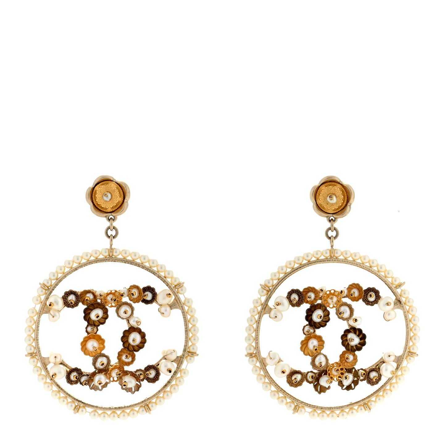 Pearl Crystal CC Camelia Hoop Earrings Gold
