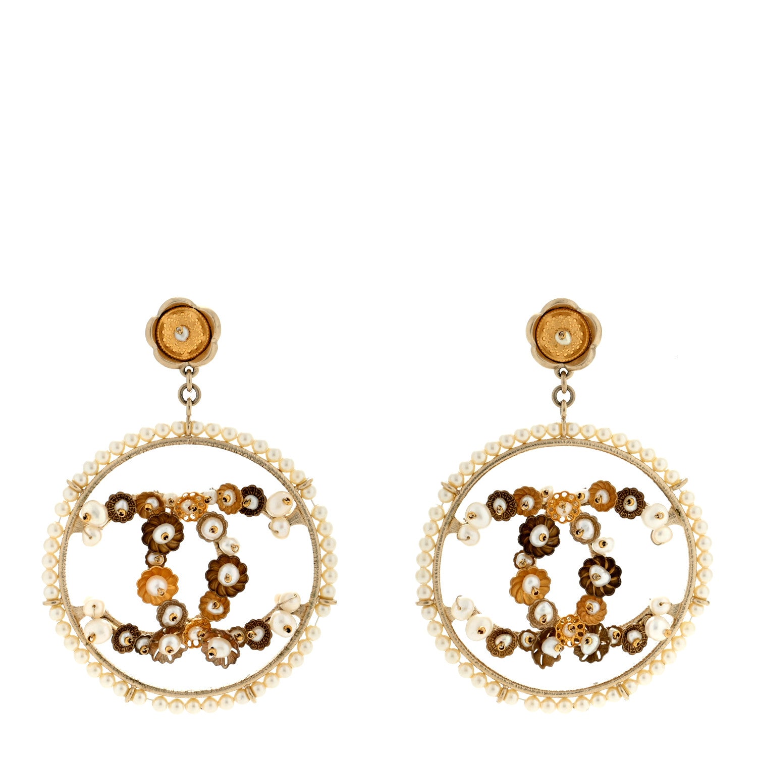 Chanel Pearl Crystal CC Camelia Hoop Earrings Gold 1 of 4