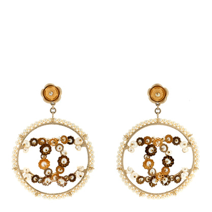 Chanel Pearl Crystal CC Camelia Hoop Earrings Gold 1 of 4