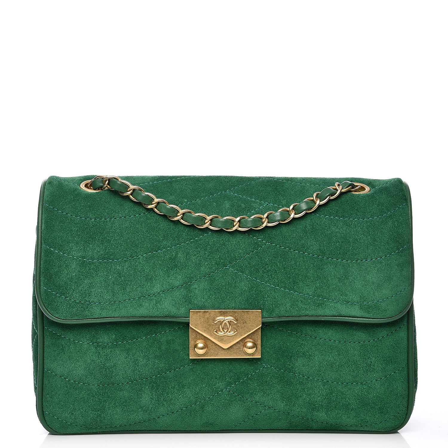Chanel Suede Lambskin Scallop Quilted Medium Pagoda Flap Green 1 of 8