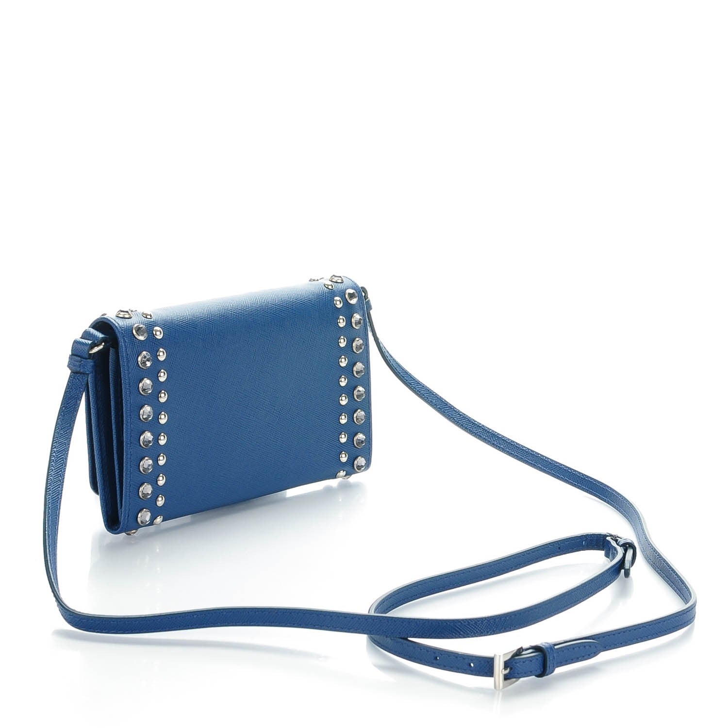 Prada Saffiano Studded Mini Crossbody Wallet Bleuette 3 of 8