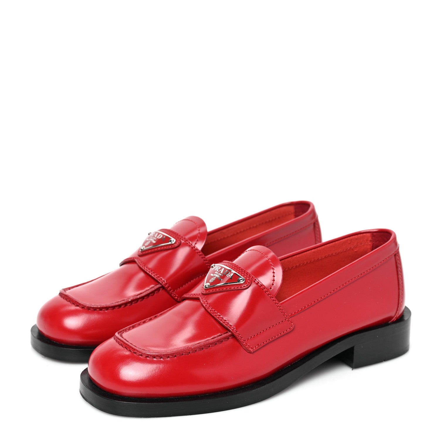 Prada Brushed Calfskin Metal Triangle Logo 20mm Loafers 35 Scarlatto 3 of 7