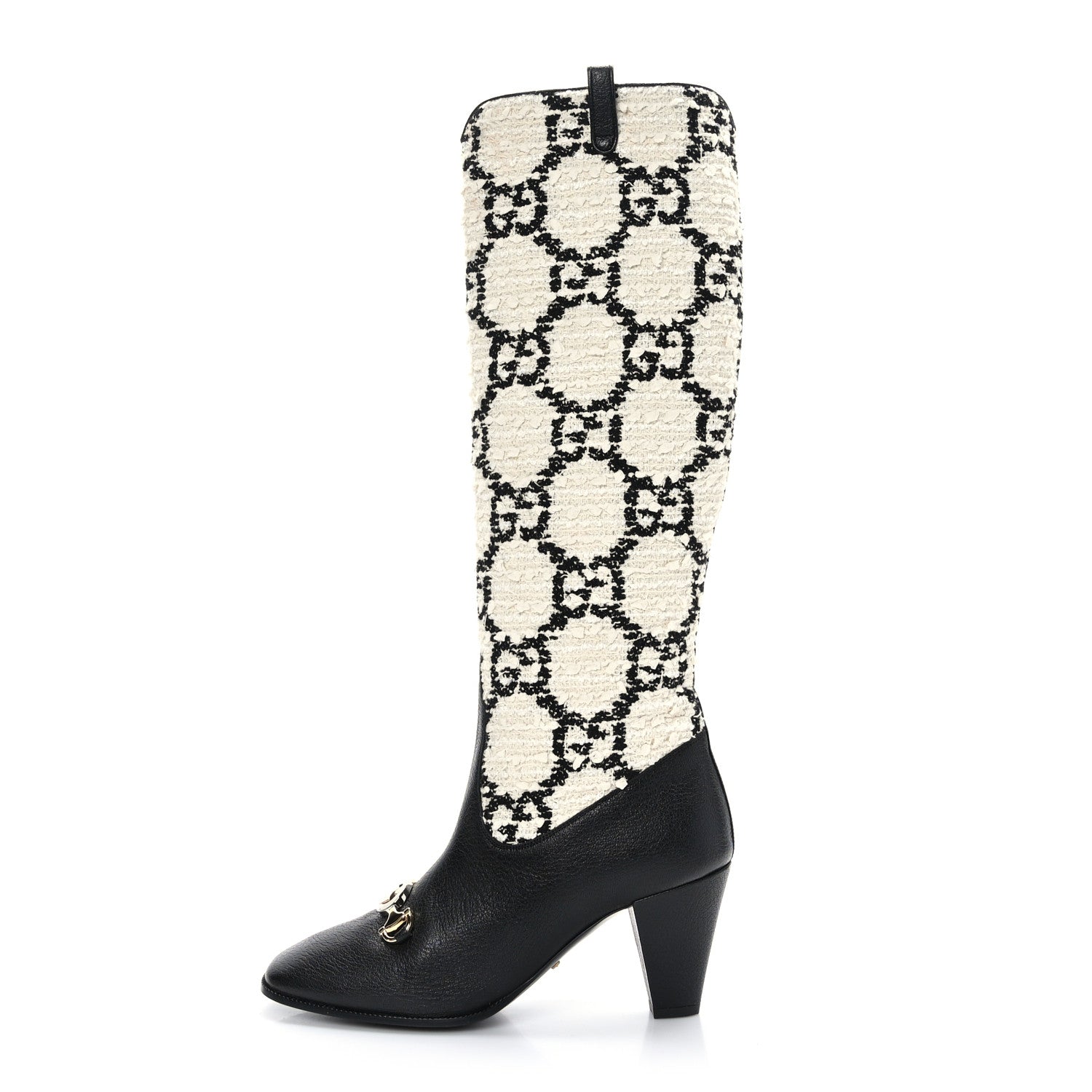 Gucci Tweed GG Monogram Wrinkled Kid Zumi Knee Boots 38 Natural Black 1 of 7