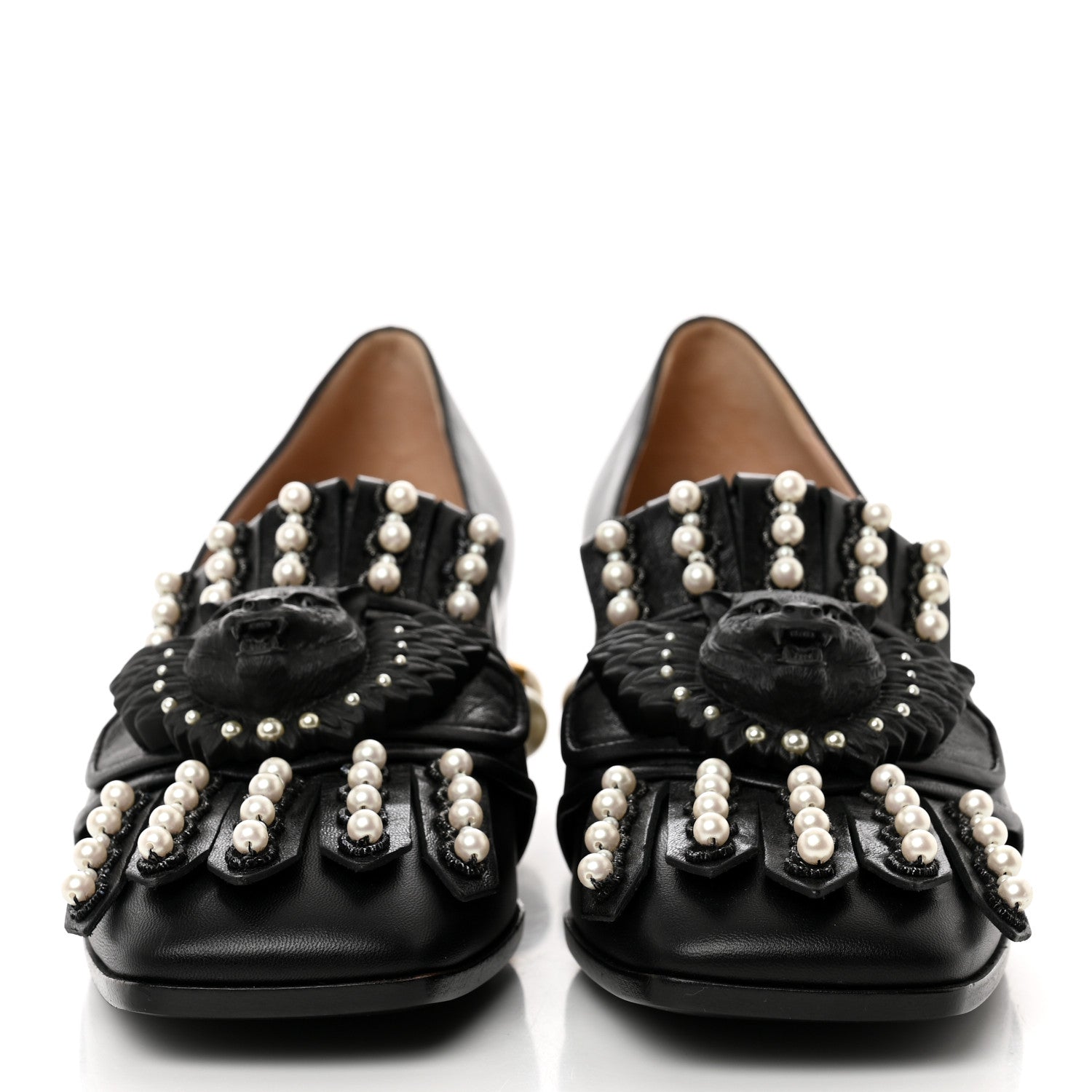 Gucci Malaga Kid Pearl Embellished Winged Feline Loafer Pumps 37 Black 2 of 10
